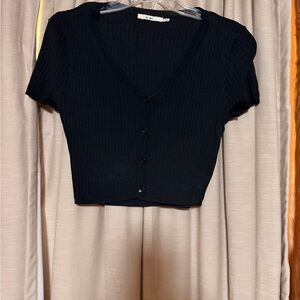 Black Ribbed Button-Up Crop Top